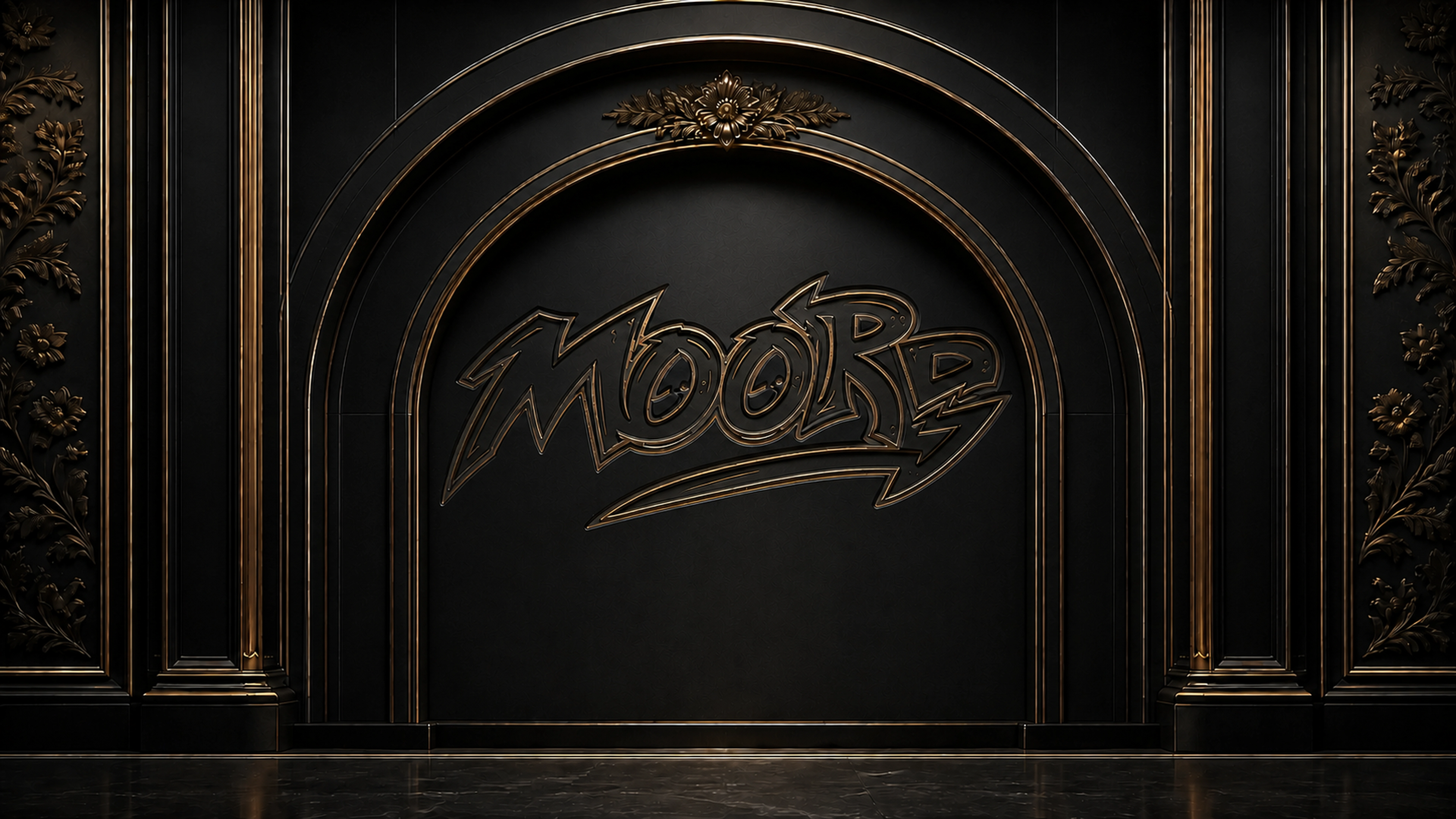 MOORE logo engraved into a black and antique-gold exhibition arch